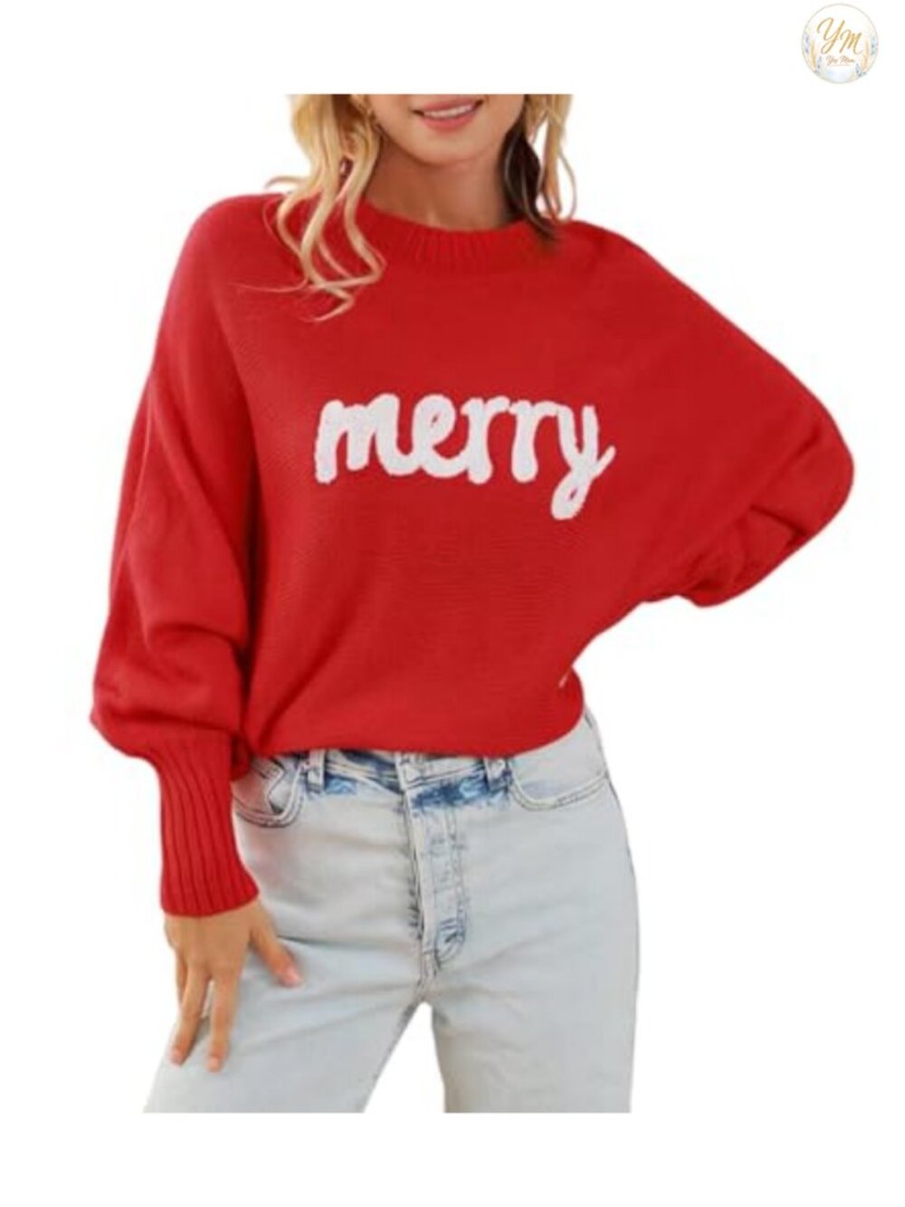 Womens Christmas Sweater Long Batwing Sleeve Loose Fit Pullover Embroidered